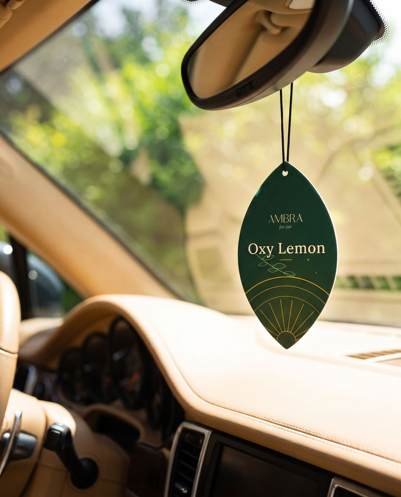 Zawieszka zapachowa Ambra Oxy Lemon zawieszona na lusterku w samochodzie