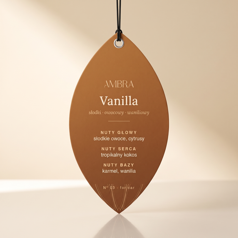 Zawieszka zapachowa Ambra Vanilla – tył z piramidą nut zapachowych