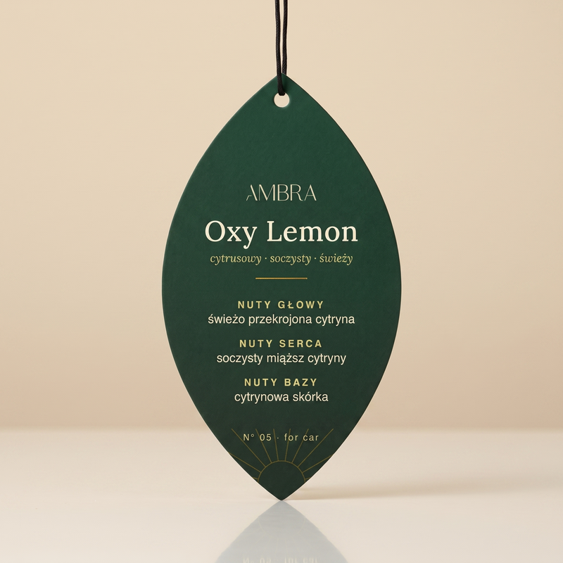 Zawieszka zapachowa Ambra Oxy Lemon – tył z piramidą nut zapachowych