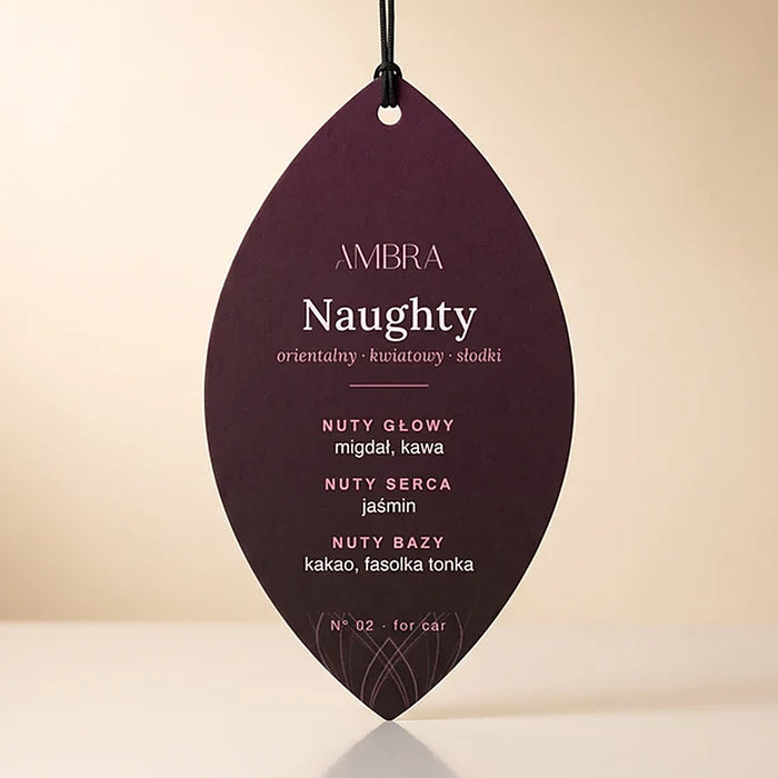 Zawieszka zapachowa Ambra Naughty – tył z piramidą nut zapachowych