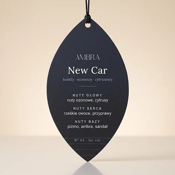 Zawieszka zapachowa Ambra New Car – tył z piramidą nut zapachowych